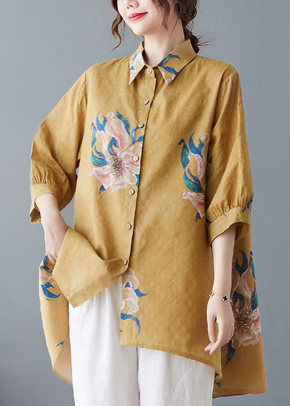 Style Yellow Oversized Print Cotton Shirt Top Half Sleeve