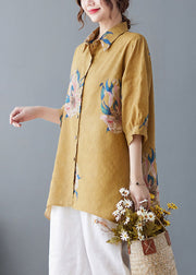 Style Yellow Oversized Print Cotton Shirt Top Half Sleeve