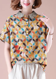 Style Yellow Peter Pan Collar Print Lace Patchwork Linen Top Summer