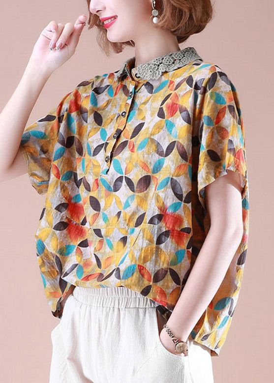 Style Yellow Peter Pan Collar Print Lace Patchwork Linen Top Summer