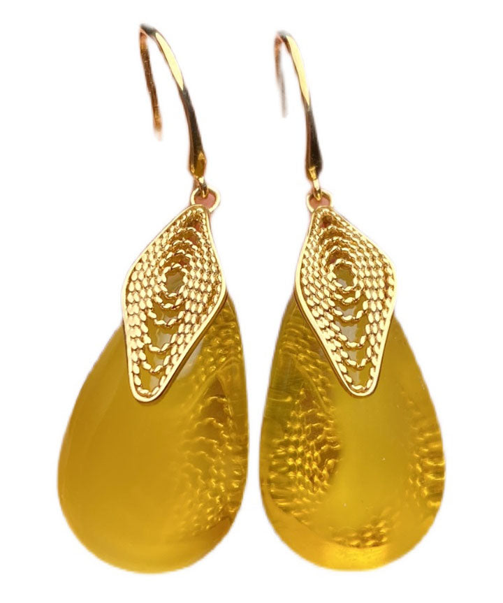 Style Yellow Sterling Silver Overgild Inlaid Beeswax Amberr Water Drop Drop Earrings