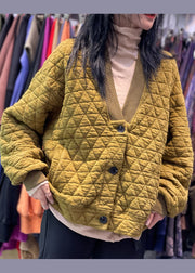 Style Gelb V-Ausschnitt Feine Baumwolle Gefüllte Lose Sweatshirts Top Winter