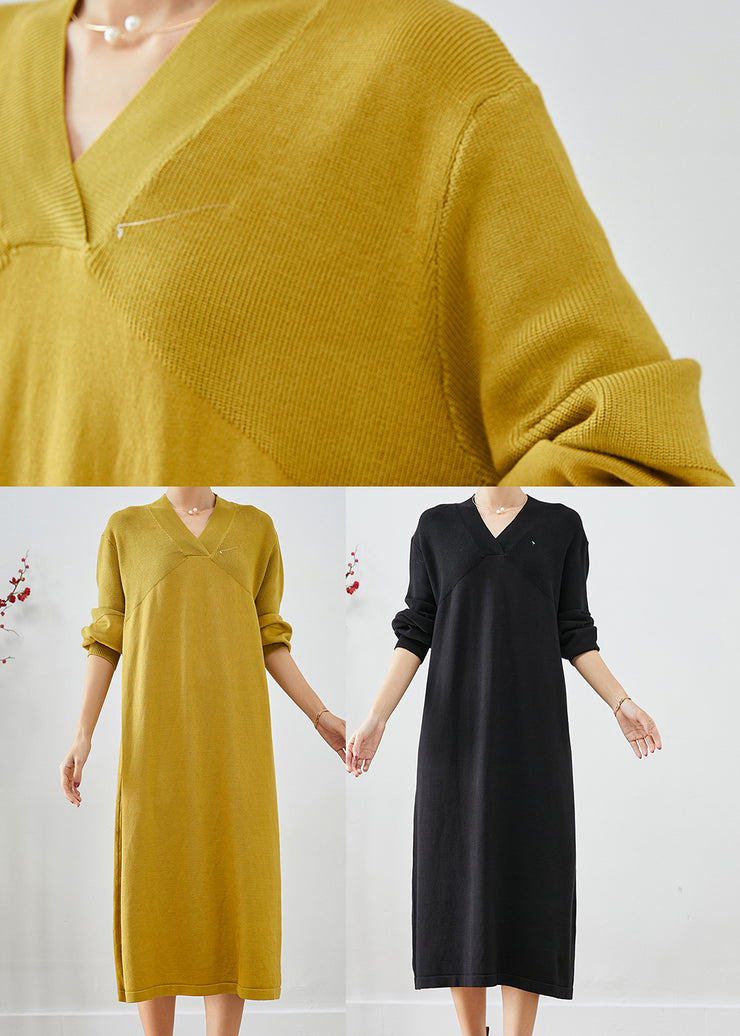 Style Yellow V Neck Patchwork Knit Holiday Dress Fall