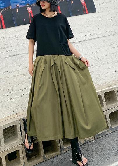 Style army green cotton clothes Women o neck patchwork Traveling summer Dresses - SooLinen