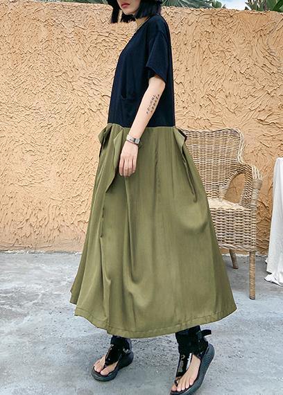 Style army green cotton clothes Women o neck patchwork Traveling summer Dresses - SooLinen