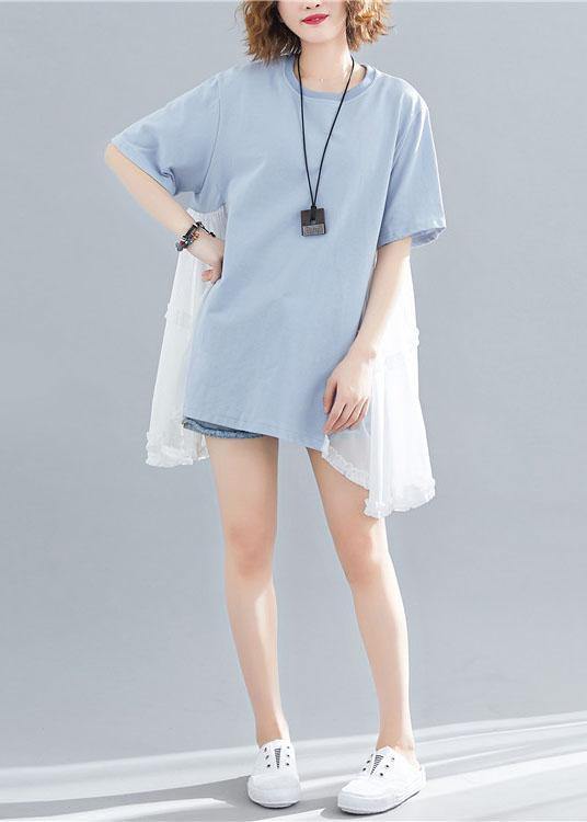 Style asymmetric hem cotton clothes For Women Photography blue patchwork shirt summer - SooLinen