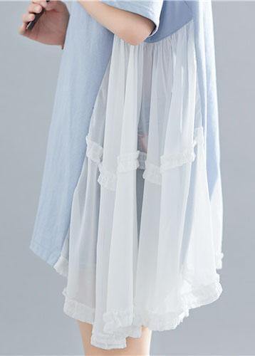 Style asymmetric hem cotton clothes For Women Photography blue patchwork shirt summer - SooLinen