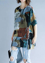 Style asymmetric prints cotton Shirts o neck summer Tops - SooLinen