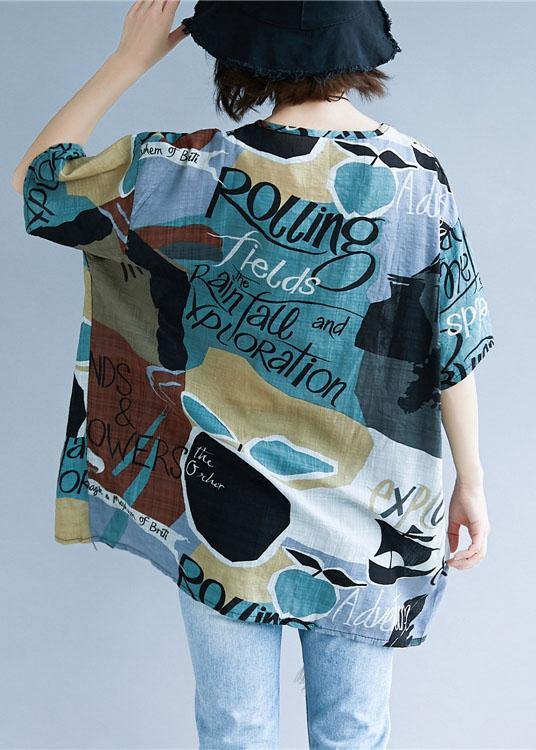 Style asymmetric prints cotton Shirts o neck summer Tops - SooLinen