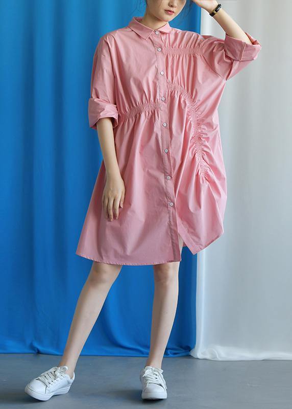 Style asymmetric Cinched Cotton quilting clothes Work Outfits pink Dress fall - SooLinen
