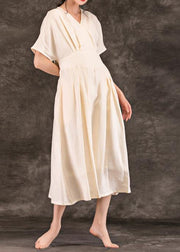 Style beige linen Robes v neck tie waist summer Dress - SooLinen