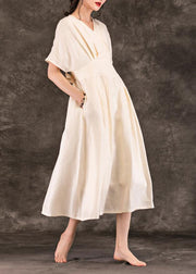 Style beige linen Robes v neck tie waist summer Dress - SooLinen