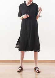 Style black Chiffon Shirts ruffles collar Knee summer Dresses - SooLinen
