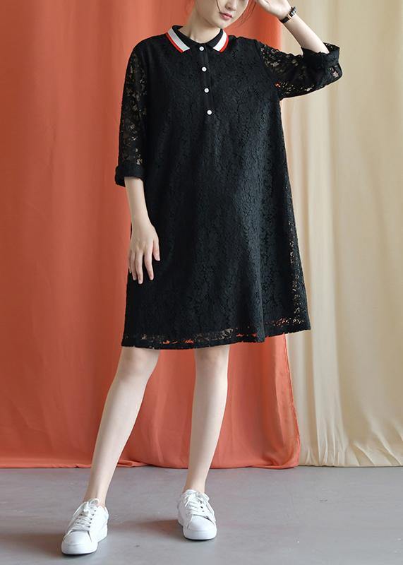 Style black Cotton clothes lapel lace Plus Size fall Dress - SooLinen