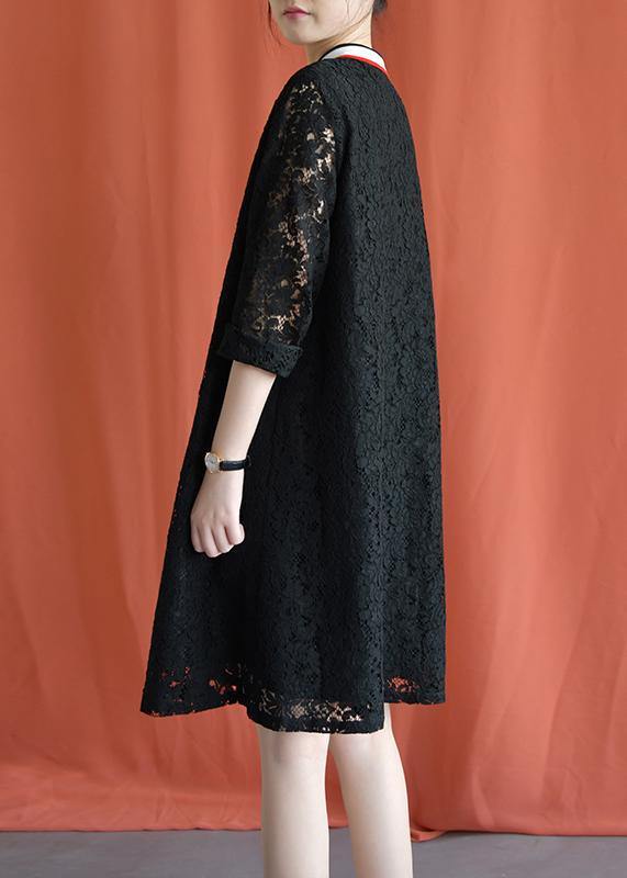 Style black Cotton clothes lapel lace Plus Size fall Dress - SooLinen