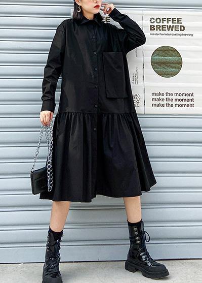 Style black Cotton dress shirt A Line patchwork Dresses - SooLinen