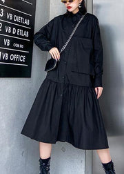 Style black Cotton dress shirt A Line patchwork Dresses - SooLinen