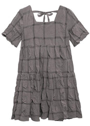 Style black Cotton tunic dress Square Collar Cinched oversized summer Dresses - SooLinen