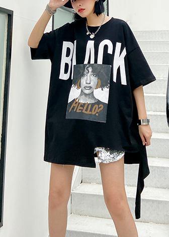 Style black Letter cotton tunic top o neck Dresses shirt - SooLinen