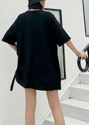 Style black Letter cotton tunic top o neck Dresses shirt - SooLinen