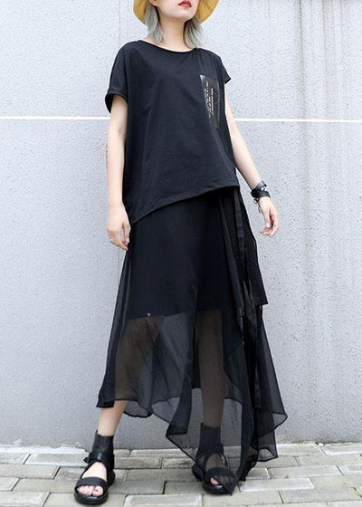 Style black chiffon quilting skirts asymmetric hem Traveling summer skirt - SooLinen
