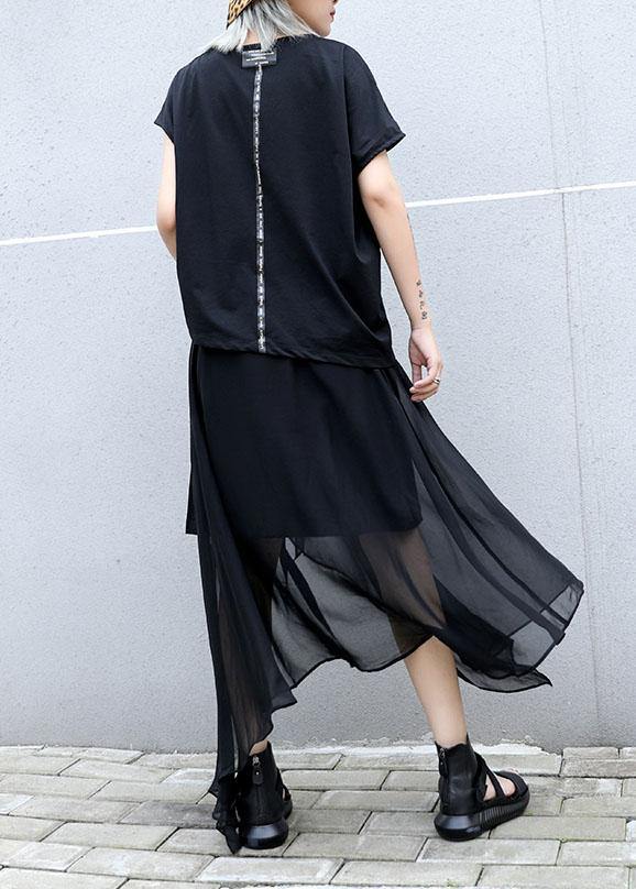 Style black chiffon quilting skirts asymmetric hem Traveling summer skirt - SooLinen