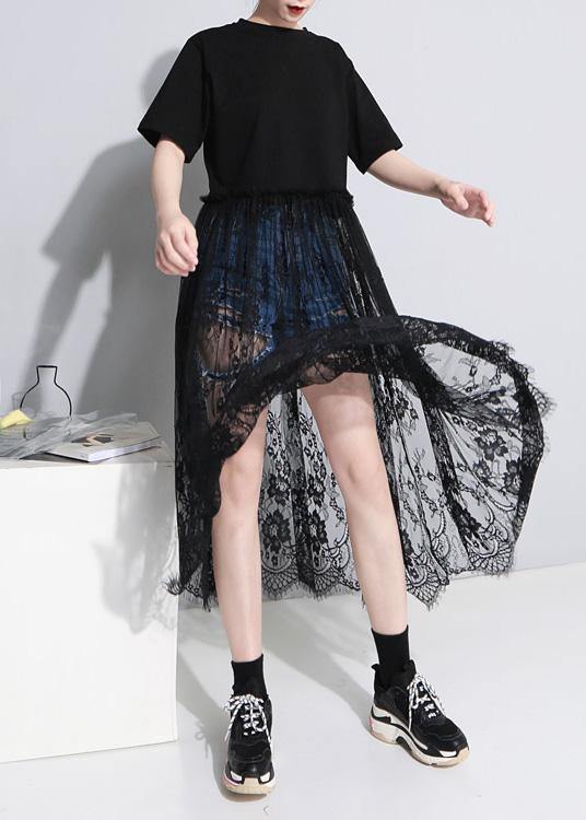Style black cotton Tunics lace big hem Kaftan patchwork sundress - SooLinen