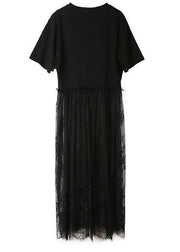 Style black cotton Tunics lace big hem Kaftan patchwork sundress - SooLinen