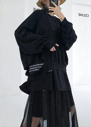 Style black cotton blouses for women ripped hem Art fall shirts - SooLinen