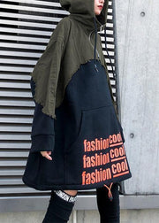 Style black cotton crane tops hooded winter Dresses patchwork tops - SooLinen