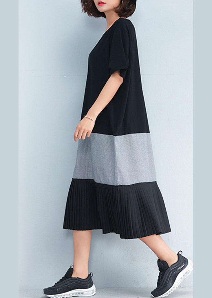 Style black cotton outfit Korea Inspiration patchwork o neck Dresses Summer Dress