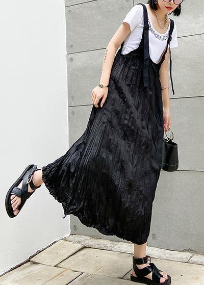 Style black cotton quilting dresses Spaghetti Strap Cinched long summer Dress - SooLinen