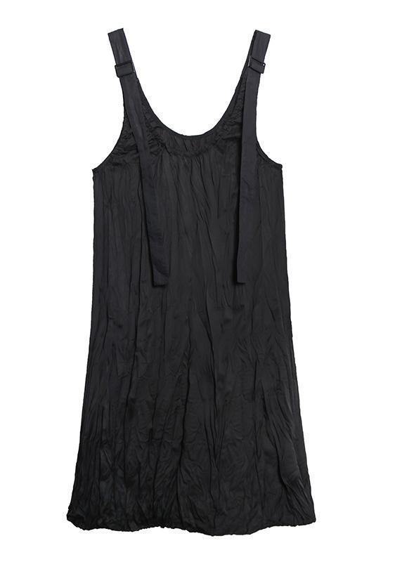 Style black cotton quilting dresses Spaghetti Strap Cinched long summer Dress - SooLinen