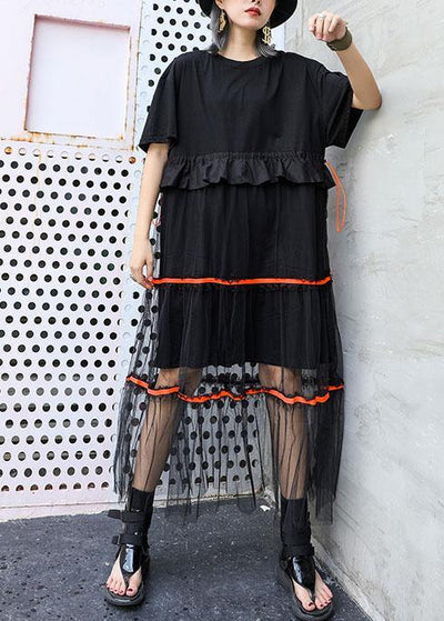 Style black cotton tunic dress patchwork tulle Dresses ruffles Dress - SooLinen