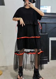 Style black cotton tunic dress patchwork tulle Dresses ruffles Dress - SooLinen