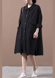 Style black dress lapel side open loose spring Dress - SooLinen