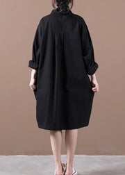 Style black dress lapel side open loose spring Dress - SooLinen