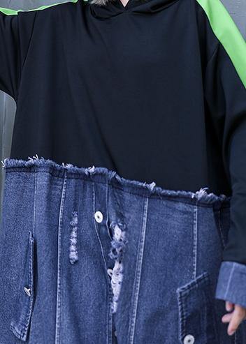 Style black patchwork denim blue outfit hooded Hole shift Dresses - SooLinen