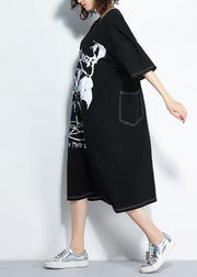 Stil schwarz bedruckt Baumwolle Steppkleidung Plus Size Muster O-Ausschnitt Baumwolle Sommerkleider