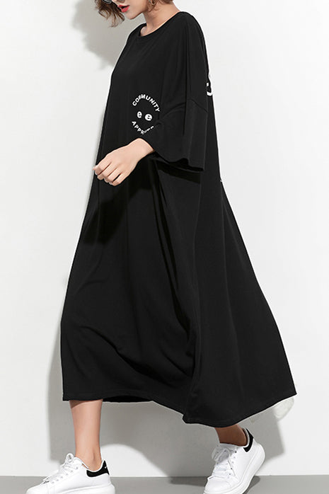 Stil schwarz bedruckte Baumwolle Tunika plus Größe Modeideen Maxi-Sommerkleid mit Fledermausärmeln