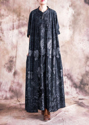 Style black print cotton Tunic stand collar Chinese Button sleeveless Kaftan fall Dress - SooLinen