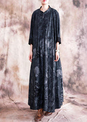 Style black print cotton Tunic stand collar Chinese Button sleeveless Kaftan fall Dress - SooLinen