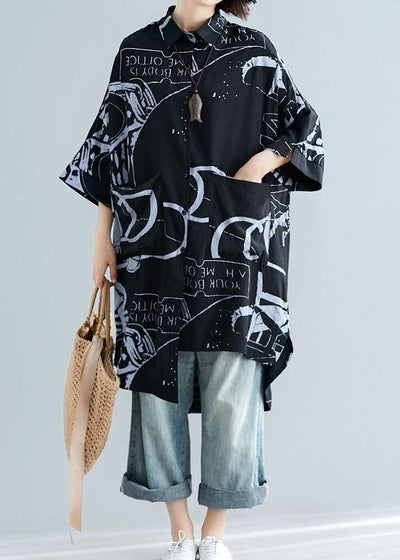 Style black prints cotton clothes For Women lapel collar Dresses summer tops - SooLinen
