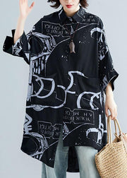 Style black prints cotton clothes For Women lapel collar Dresses summer tops - SooLinen