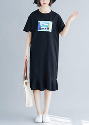 Style black prints cotton quilting clothes ruffles hem Maxi summer Dresses - SooLinen