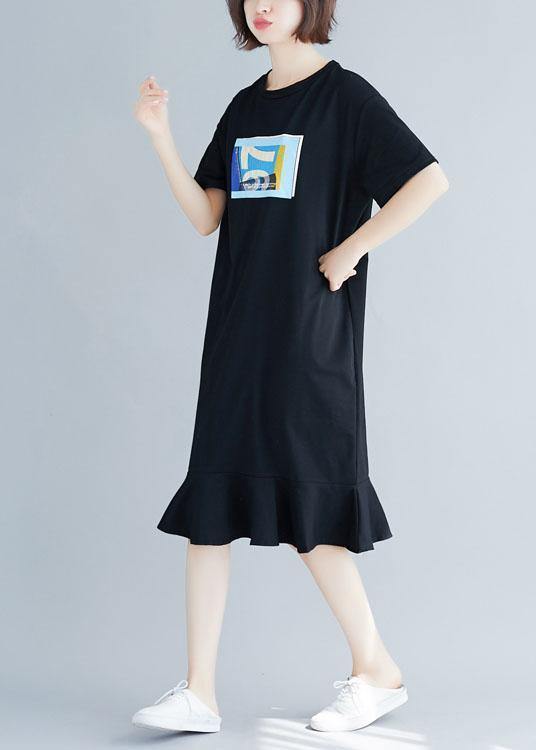Style black prints cotton quilting clothes ruffles hem Maxi summer Dresses - SooLinen
