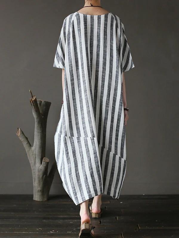 Style black striped cotton tunics for women o neck patchwork Art Dress - SooLinen