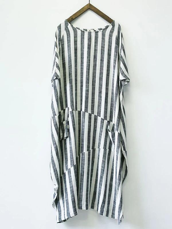 Style black striped cotton tunics for women o neck patchwork Art Dress - SooLinen