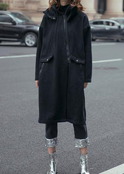 Style black fine coats women hooded drawstring fall outwear - SooLinen