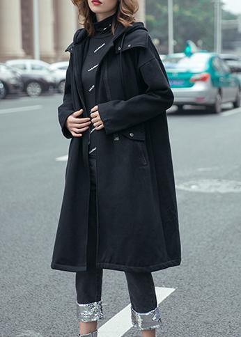 Style black fine coats women hooded drawstring fall outwear - SooLinen
